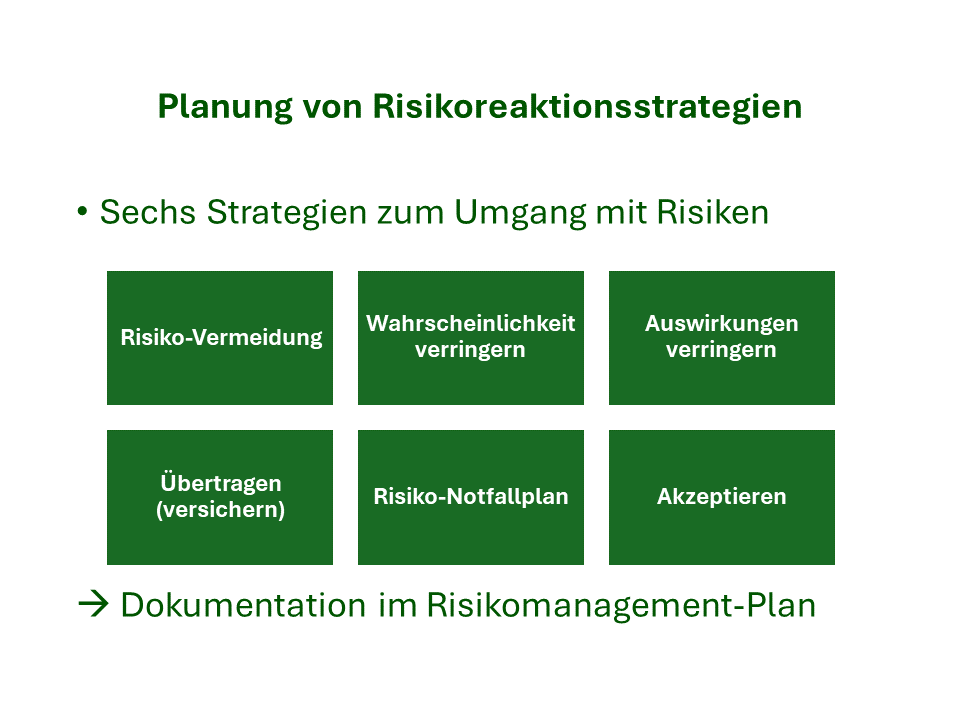 Übersicht über die sechs Risiko-Reaktions-Strategien: Risiko-Vermeidung, Verringern der Eintrittswahrscheinlichkeit, Verringern der Auswirkungen, Übertragen/Versichern, Risiko-Notfallplan, Risiko-Akzeptanz